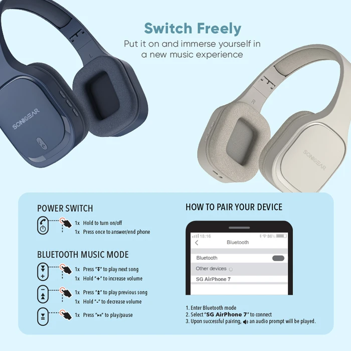 SonicGear Airphone 7 (2025) Wireless/Wired Over‑Ear Headphones – Graphite