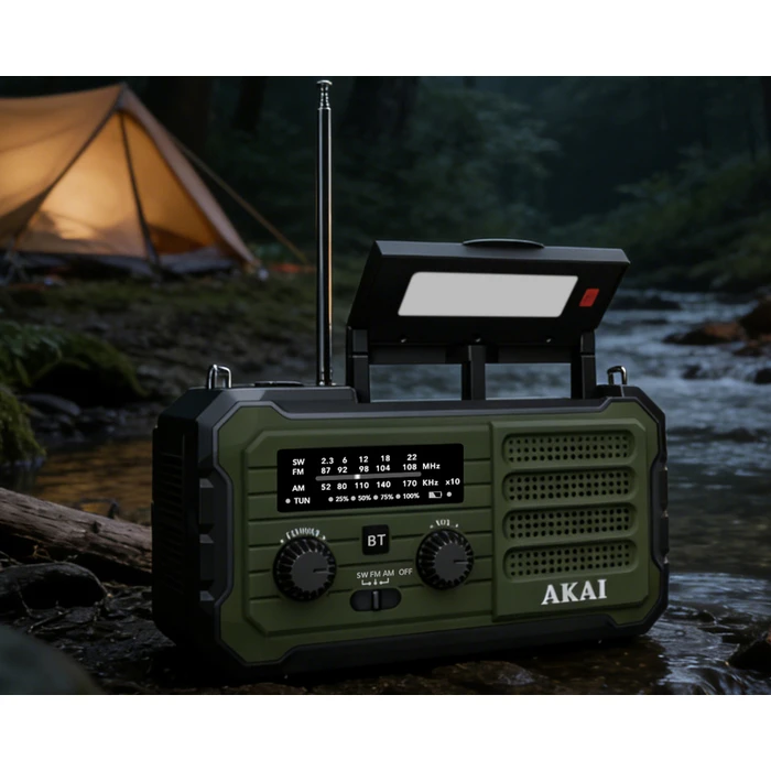 Akai APR-801 Survival Radio with Solar Panel, Crank Dynamo, Bluetooth 5.3 & Power Bank (Green)