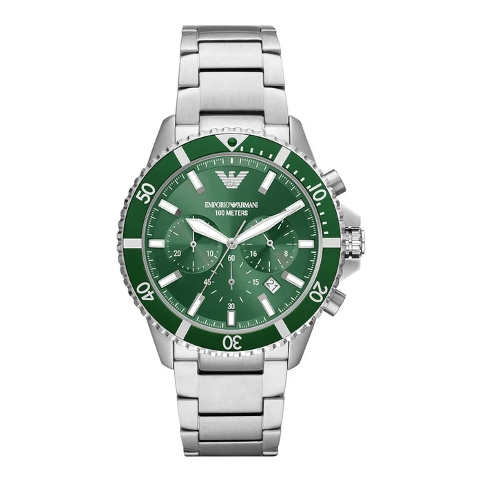 Emporio Armani AR11500 Men's Diver Analog Quartz Watch 44 mm Stainless Steel Silver Bracelet Green Dial