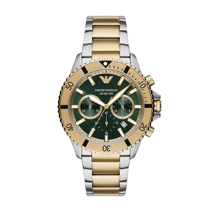 Emporio Armani Men's Diver Quartz Watch AR11586 — 43 mm, Green Dial, Two-tone Stainless Steel Bracelet (Gold/Silver)