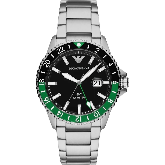 Emporio Armani Men's Diver Analog Quartz Watch 42mm AR11589 - Black Dial, Silver Stainless Steel Bracelet