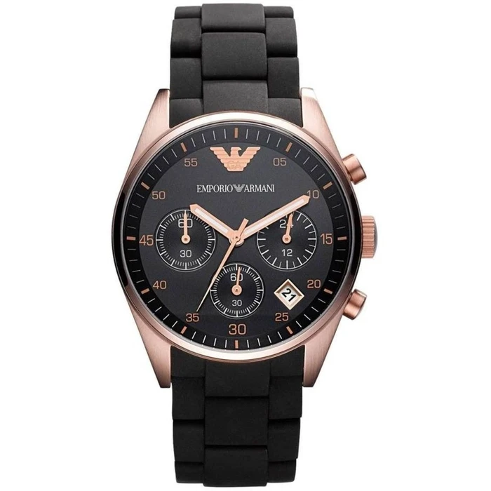 Emporio Armani Women's Watch AR5906 - 38 mm Quartz Analog, Black Dial, Gold Tone Stainless Steel Case, Black Rubber Strap