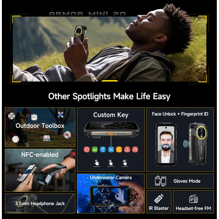 Smartphone Ulefone Armor Mini 20, 4.7", 8/256GB, 4G, 6200mAh, IP68/IP69K, Μαύρο