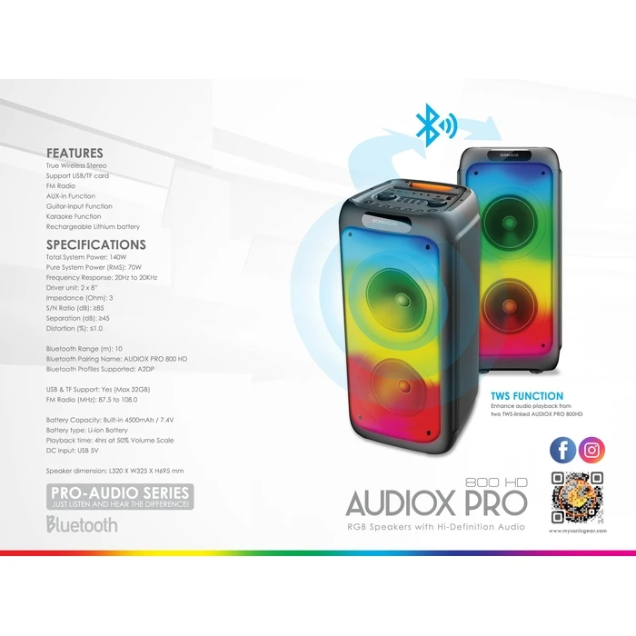 Karaoke Sonic Gear RGB with HD AUDIO 'AUDIOX PRO 800' RMS 70W