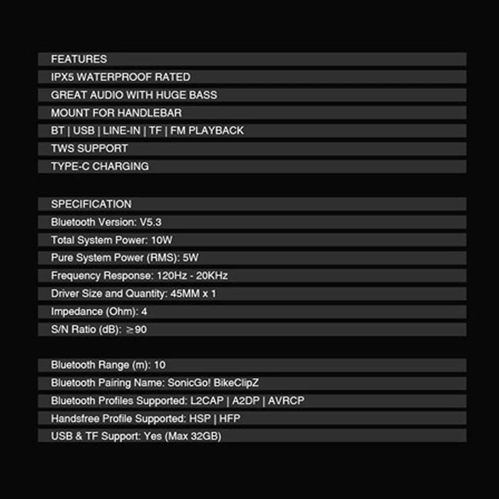 Φορητό Ηχείο Bluetooth Sonic Gear BT5.3 SONICGO BIKECLIPZ MIDNIGHT Grey