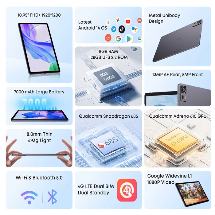 Tablet Chuwi AuPad, 10.95", 8/128GB, 4G, Android 14, 7000mAh, γκρι