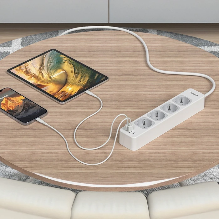 Tessan Smart Power Strip TS-307-C — 4x Schuko, 2x USB-A, 1x USB-C, 2m Cable, White