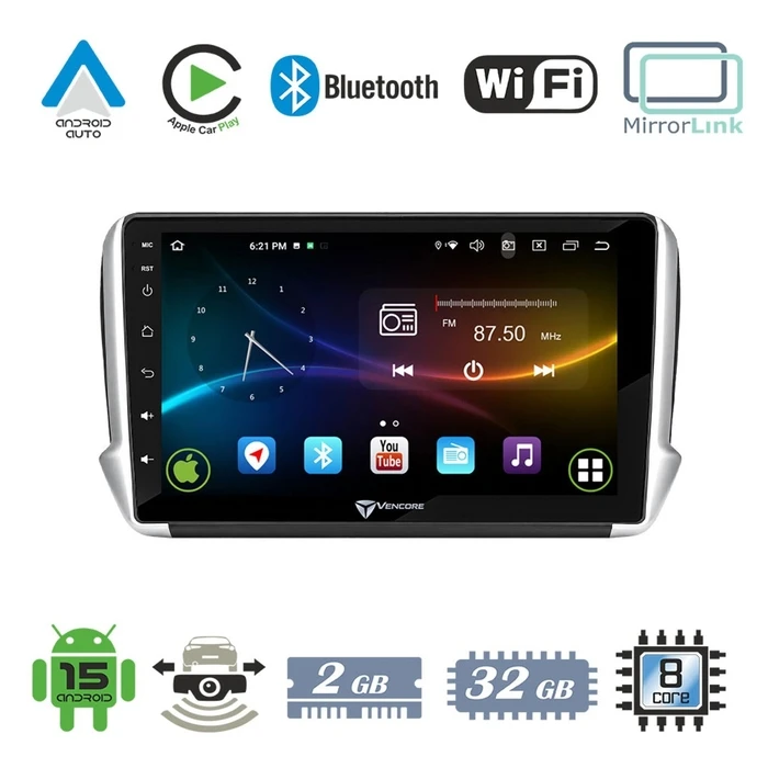 VenCore 3236-10008-0164B - Android 15 Multimedia Screen 10.1" 9109A MTK6762 2GB/32GB for Peugeot 208/2008 2012-2016 - Black