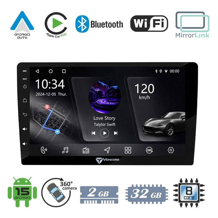 VenCore 3236-10005-0243B - Οθόνη Multimedia Android 15 9" PX5S Octa-Core 2GB/32GB IPS με Πρόσοψη, CarPlay, Android Auto και Υποστήριξη Κάμερας 360° για Chevrolet Aveo 2011-2017 – Μαύρη