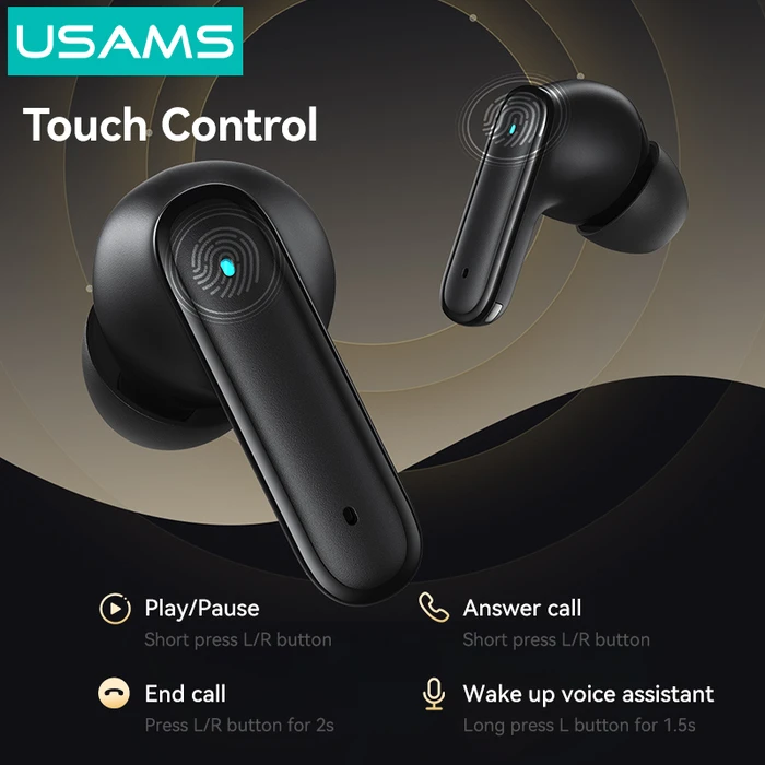 USAMS E05 True Wireless Earphones with Charging Case, Bluetooth 6.0, Black