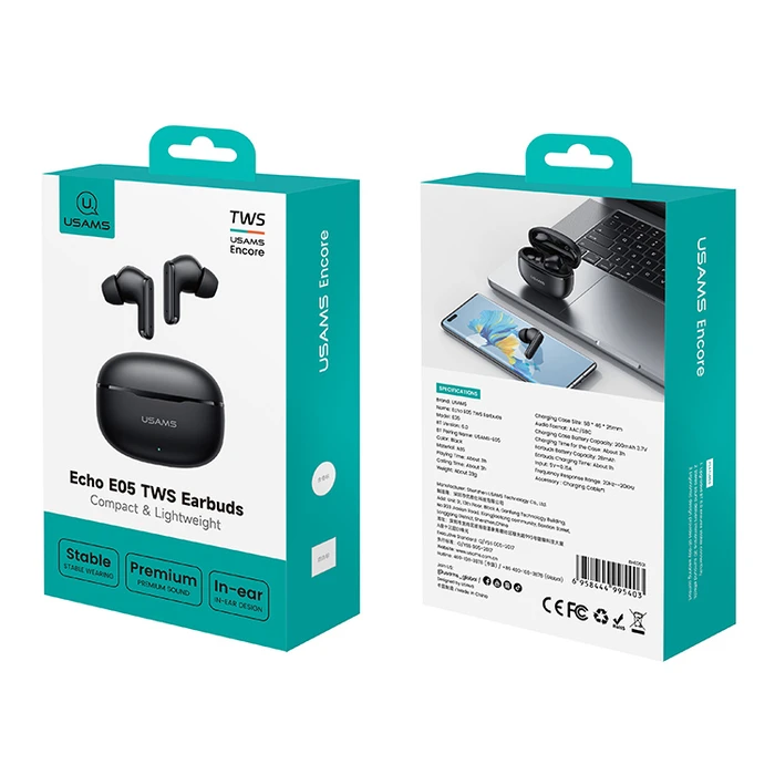 USAMS E05 True Wireless Earphones with Charging Case, Bluetooth 6.0, Black