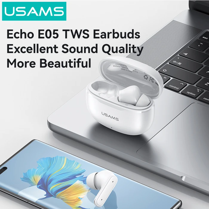 USAMS E05 True Wireless Ακουστικά με Θήκη Φόρτισης, Bluetooth 6.0, Λευκό