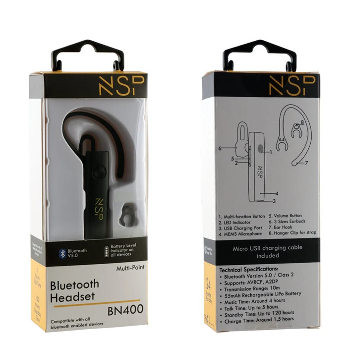 Bluetooth Handsfree NSP BN400 v5.0 multipoint με κλιπ για κορδόνι