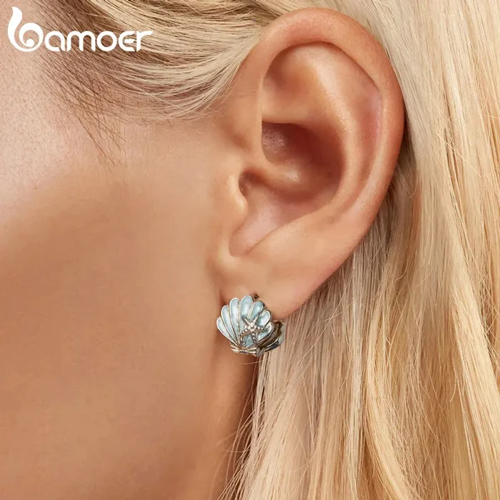 Σκουλαρίκι Bamoerα Κρίκοι BSE1011 σε Σχήμα Κοχύλι, Ασήμι 925, Ασημί/Μπλε