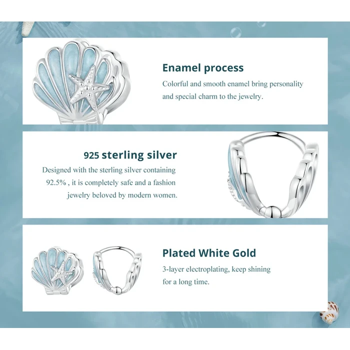 Σκουλαρίκι Bamoerα Κρίκοι BSE1011 σε Σχήμα Κοχύλι, Ασήμι 925, Ασημί/Μπλε