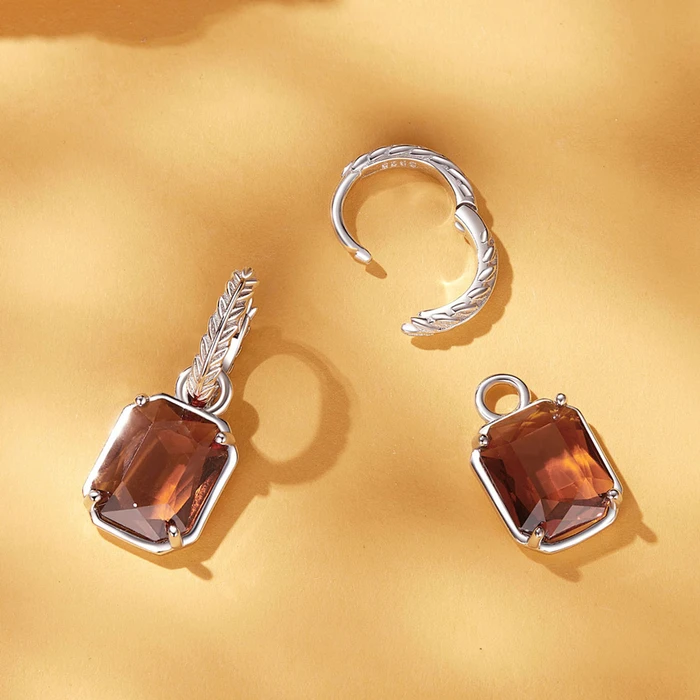 Σκουλαρίκι Bamoerα Κρίκος BSE1081 με Καφέ Διάφανο Κρύσταλλο, Ασήμι 925, Ασημί