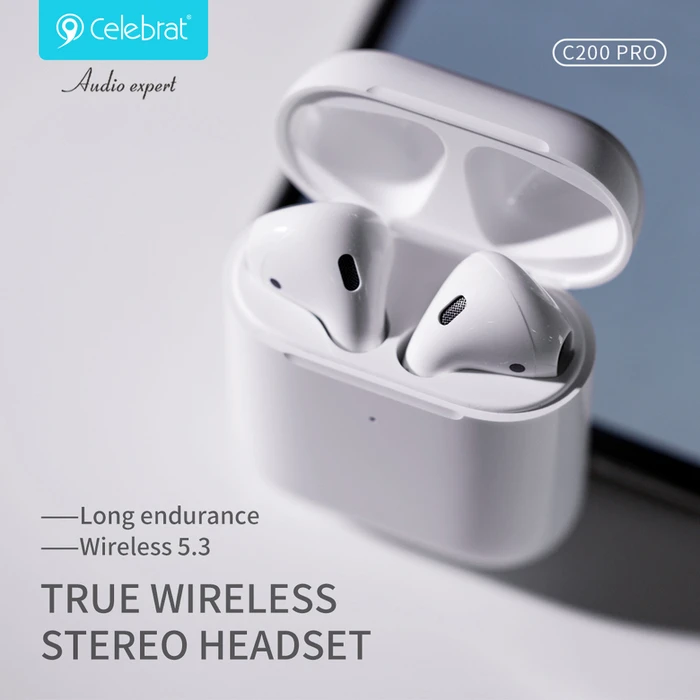 Celebrat C200 Pro Earbud Bluetooth Handsfree Ακουστικά με Θήκη Φόρτισης Λευκά