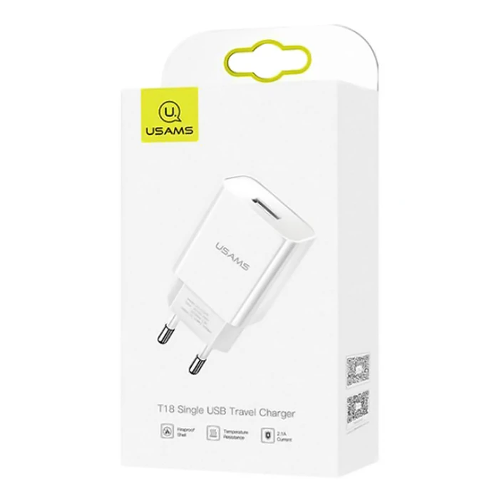 Φορτιστής Πρίζας Usams T18, 1x USB, 2.1A, λευκός