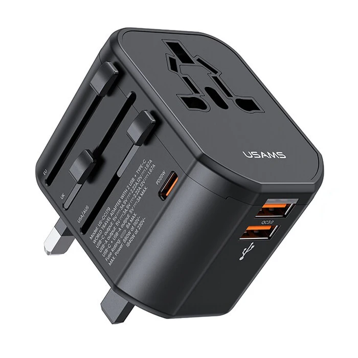 Αντάπτορας-Φορτιστής Πρίζας Usams US-CC179, USB-C & 2x USB, universal, 20W, Μαύρος