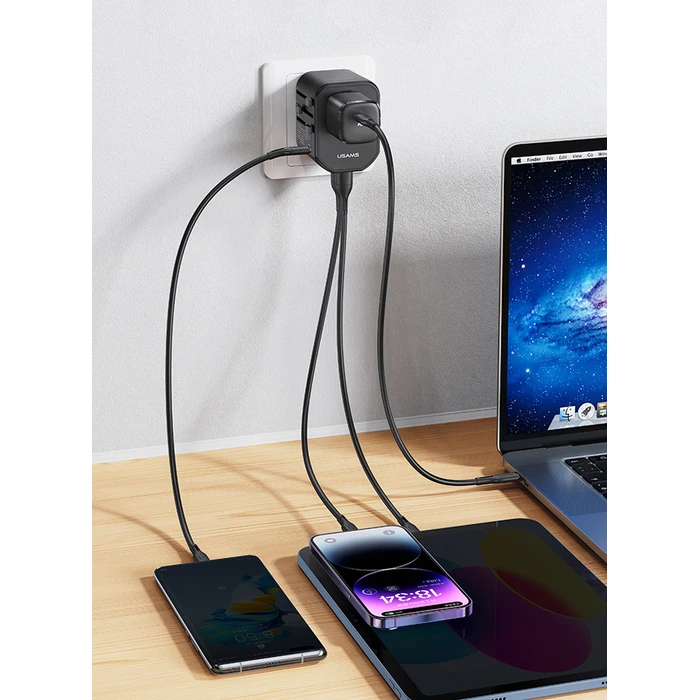 Αντάπτορας-Φορτιστής Πρίζας Usams US-CC179, USB-C & 2x USB, universal, 20W, Μαύρος