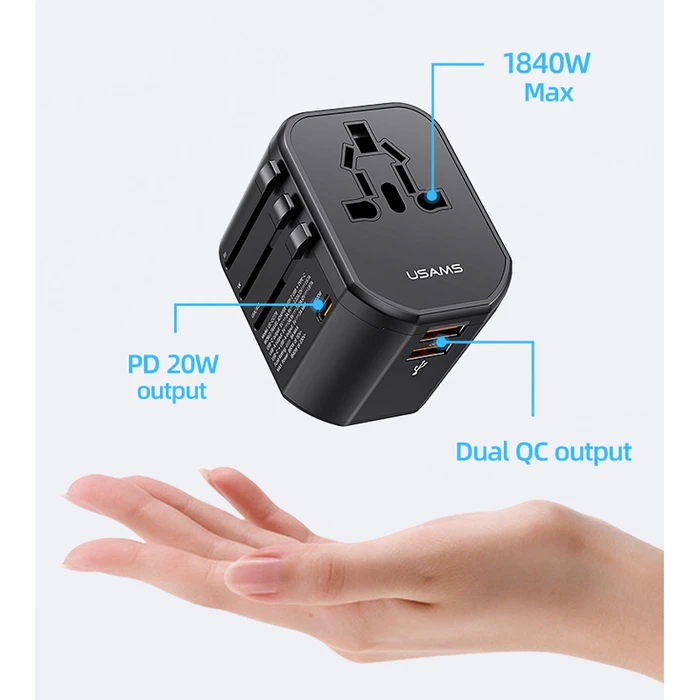 Αντάπτορας-Φορτιστής Πρίζας Usams US-CC179, USB-C & 2x USB, universal, 20W, Μαύρος