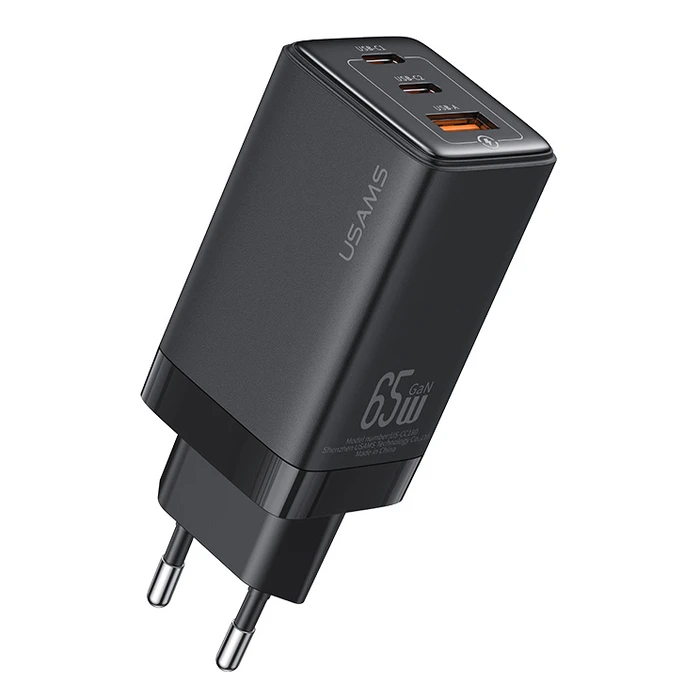Φορτιστής Πρίζας Usams US-CC180, USB & 2x USB-C, 65W PD, GaN, μαύρος