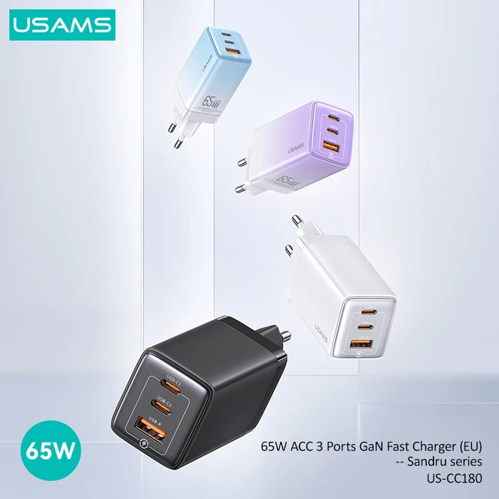 Φορτιστής Πρίζας Usams US-CC180, USB & 2x USB-C, 65W PD, GaN, μαύρος