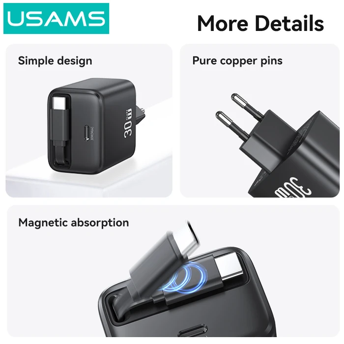 USAMS CC241 Wall Charger with Foldable Cable, USB-C, 30W, GaN, Black