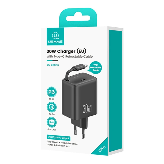 USAMS CC241 Wall Charger with Foldable Cable, USB-C, 30W, GaN, Black