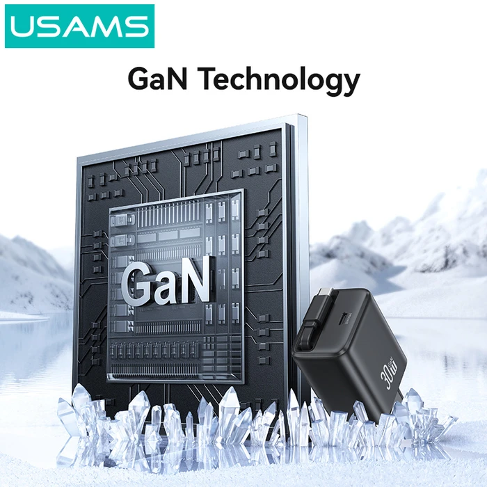 USAMS Wall Charger CC241 with Foldable USB-C Cable, 30W, GaN, White