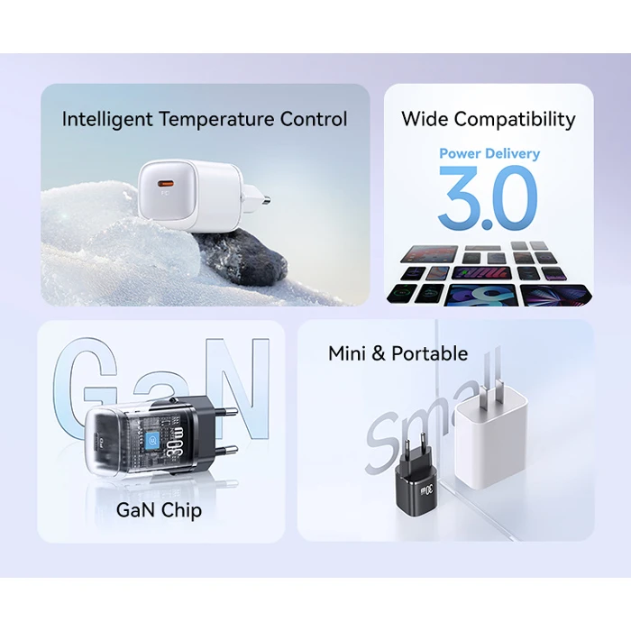 Φορτιστής Πρίζας Usams 30w Gan Usb-C Fast Charging White