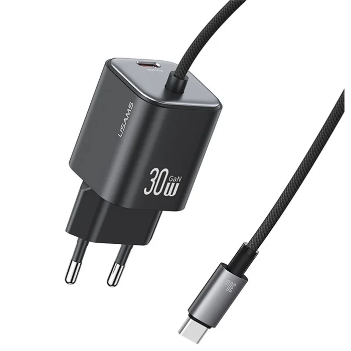 Φορτιστής Πρίζας Usams CC264 με Καλώδιο, USB-C, 30W, GaN, Μαύρος