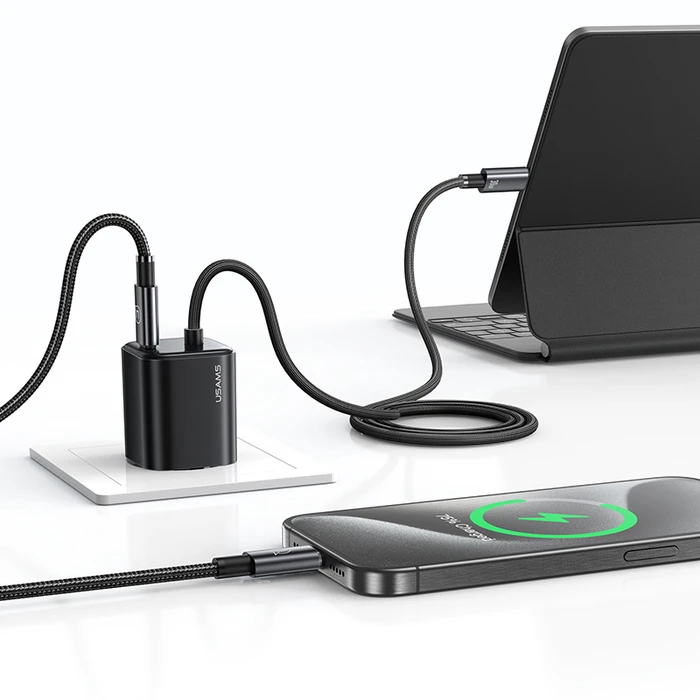Φορτιστής Πρίζας Usams CC264 με Καλώδιο, USB-C, 30W, GaN, Μαύρος