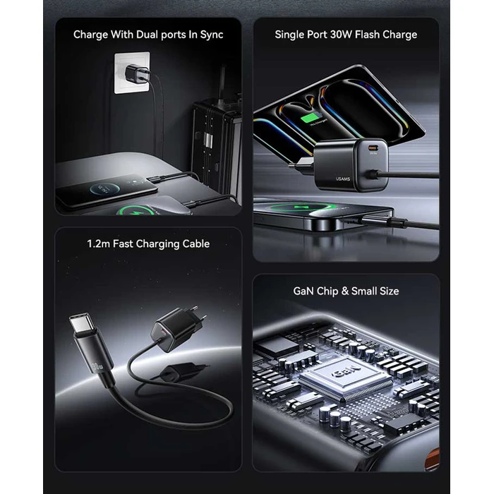 Φορτιστής Πρίζας Usams CC264 με Καλώδιο, USB-C, 30W, GaN, Μαύρος