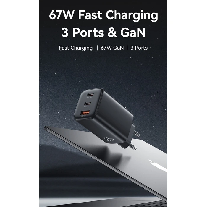 Φορτιστής Τοίχου Usams CC265, USB & 2X USB-C, 67W, Gan, Μαύρος