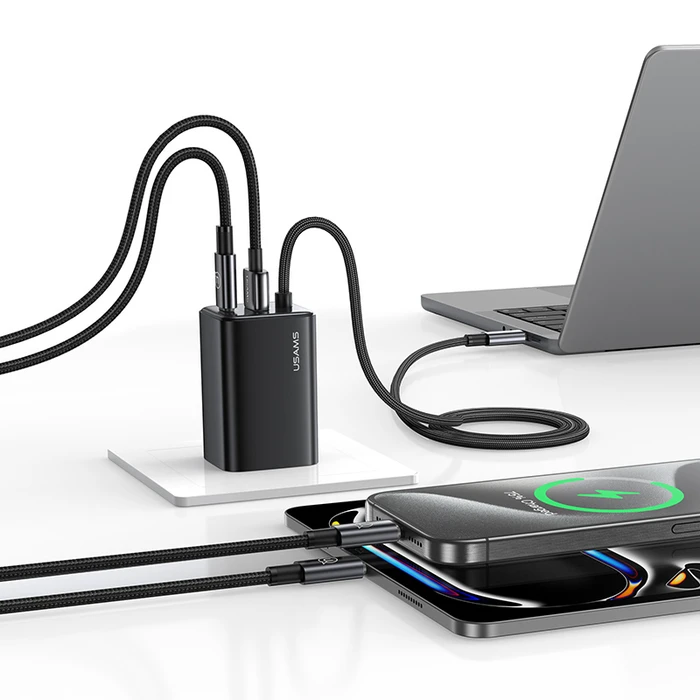 Φορτιστής Πρίζας Usams CC266 με Καλώδιο, USB & USB-C, 65W, GaN, Μαύρος