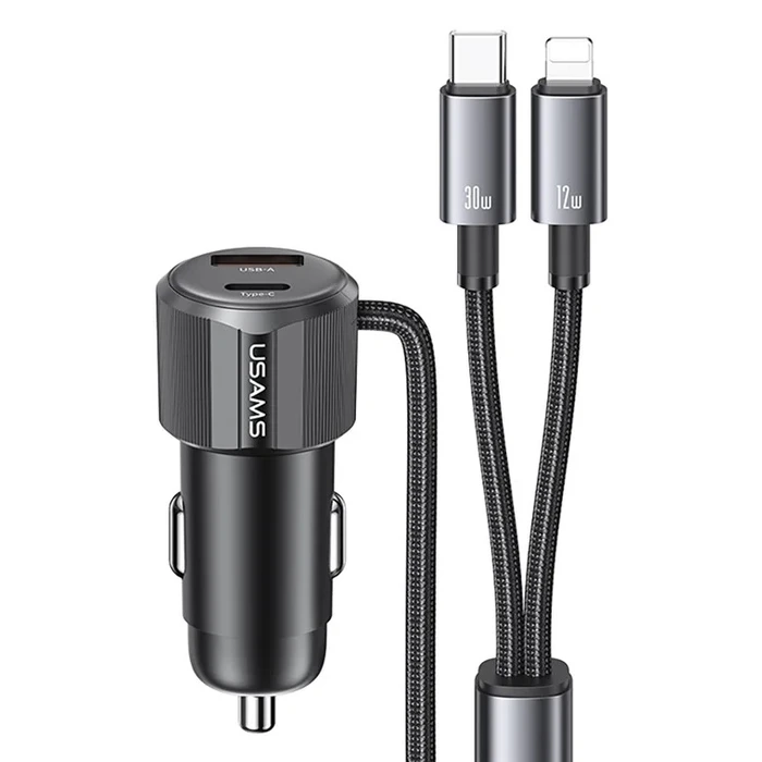 Φορτιστής Αυτοκινήτου Usams CC287 με 2 σε 1 Καλώδιο, Usb/USB-C Θύρες, 66W, Μαύρος