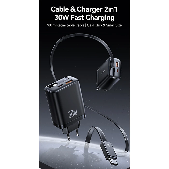 Φορτιστής Τοίχου Usams CC296 με Καλώδιο, USB & USB-C, 30W, Μαύρος