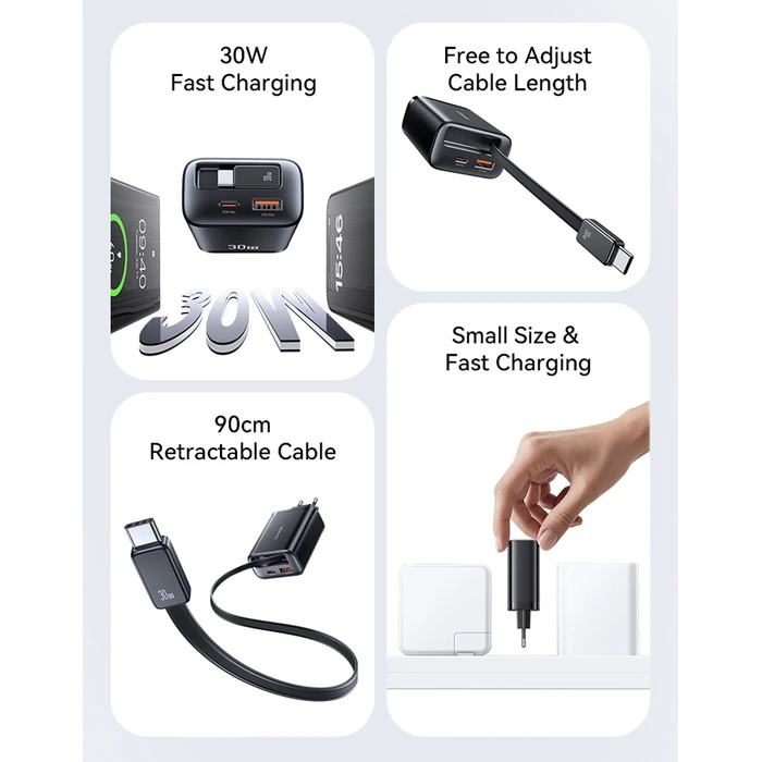 Φορτιστής Τοίχου Usams CC296 με Καλώδιο, USB & USB-C, 30W, Μαύρος