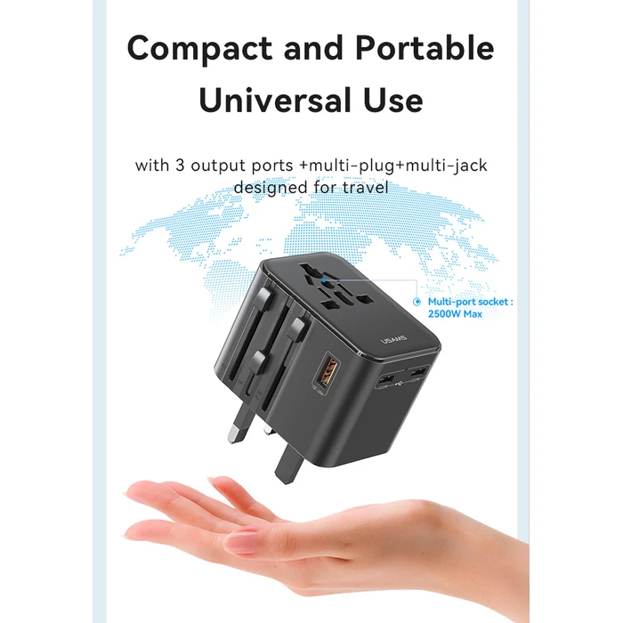 Φορτιστής/Αντάπτορας Πρίζας Usams Cc309, USB & 2X USB-C, Universal, 25W, Μαύρος