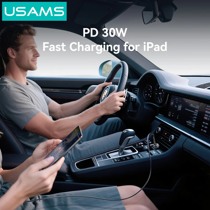 USAMS φορτιστής αυτοκινήτου CC322, USB & USB-C, 30W, γκρι