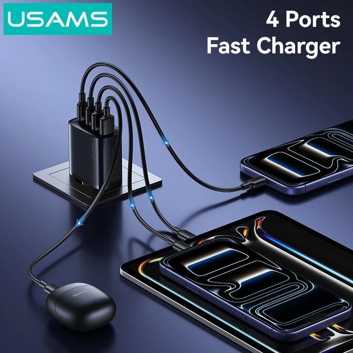 Usams Φορτιστής Χωρίς Καλώδιο με 2 Θύρες USB-A και 2 Θύρες USB-C 40W Power Delivery Μαύρος (T70)