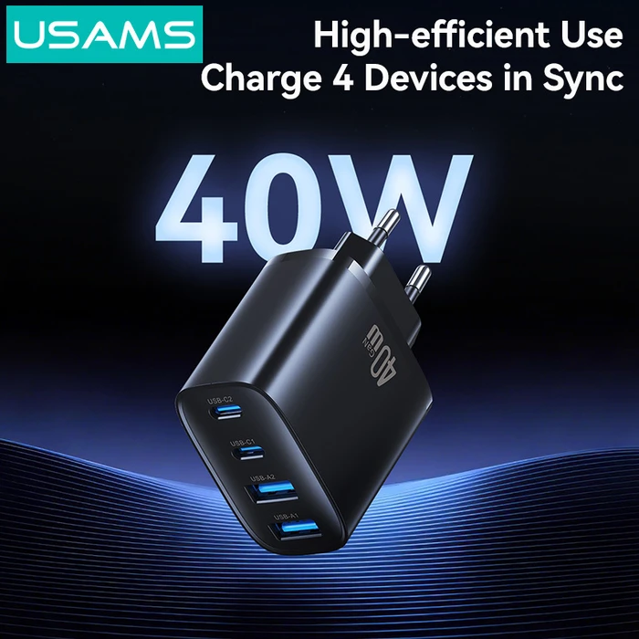 Usams Φορτιστής Χωρίς Καλώδιο με 2 Θύρες USB-A και 2 Θύρες USB-C 40W Power Delivery Μαύρος (T70)