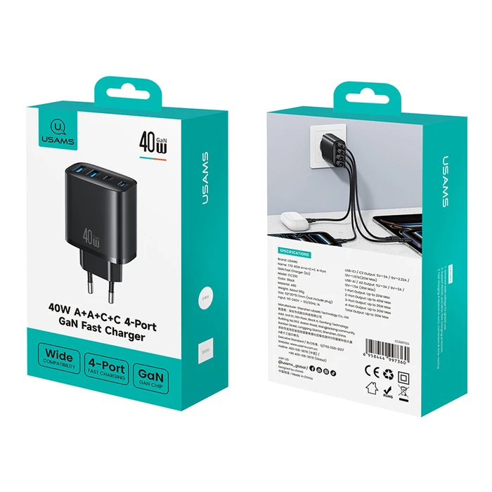 Usams Φορτιστής Χωρίς Καλώδιο με 2 Θύρες USB-A και 2 Θύρες USB-C 40W Power Delivery Μαύρος (T70)