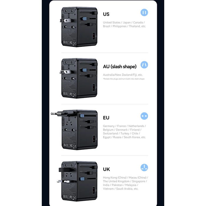 USAMS φορτιστής/αντάπτορας πρίζας CC334, USB & 3x USB-C, universal, 100W, GaN, μαύρος