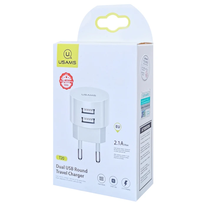 Φορτιστής Πρίζας Usams T20, 2x USB, 2.1A, λευκός