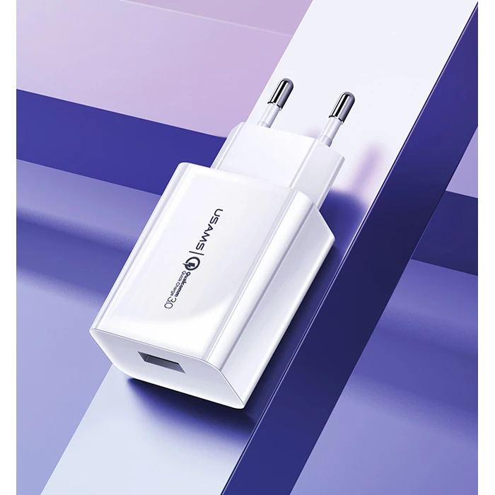 Φορτιστής Πρίζας Usams T22, 1x USB, QC3.0 18W 3A, λευκός