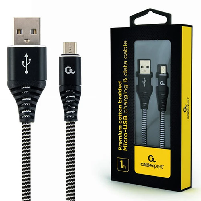 Καλώδιo USB Cablexpert PREMIUM COTTON BRAIDED Micro 1M Black/WHITE