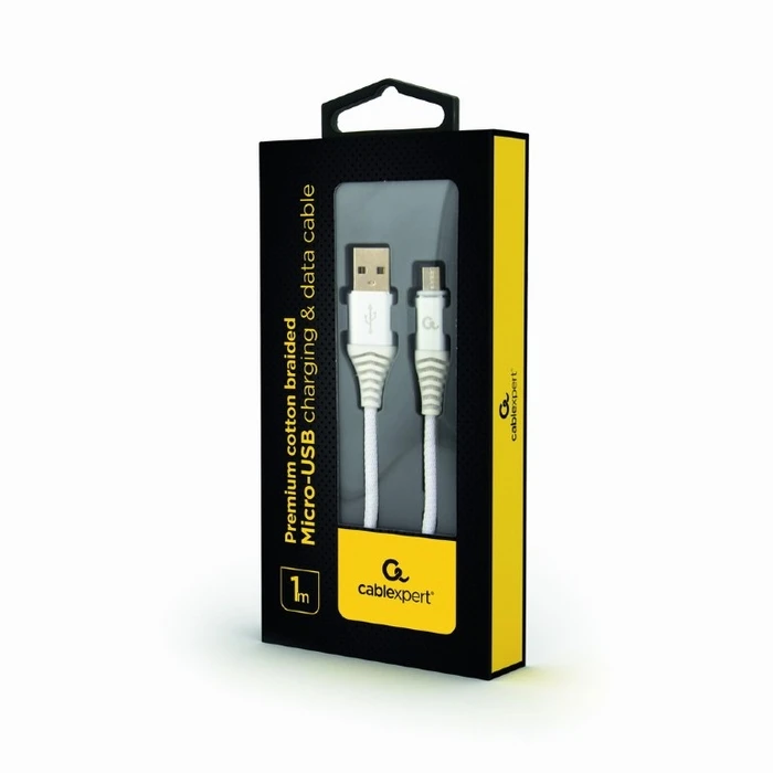 Καλώδιo USB Cablexpert PREMIUM COTTON BRAIDED Micro 1M SILVER/WHITE