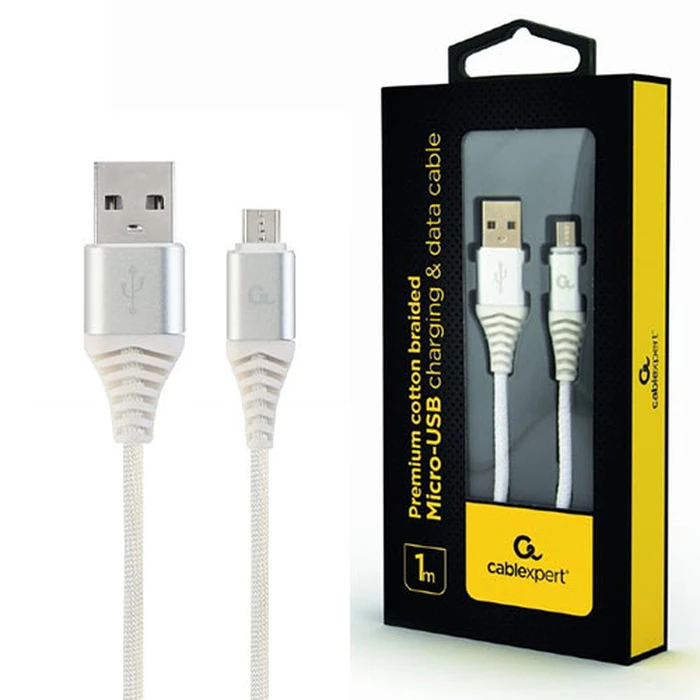 Καλώδιo USB Cablexpert PREMIUM COTTON BRAIDED Micro 1M SILVER/WHITE